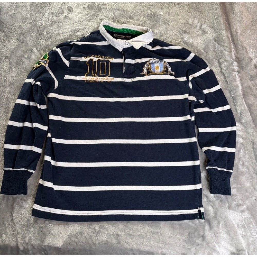 Kevingston Argentina Rugby Polo Graphic Men L/42 Navy Blue embroidered Striped